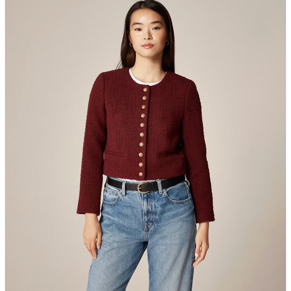 J.Crew Bridgette Lady Jacket Tweed Wilshire Red Burgundy Cropped Retro US 10 NWT